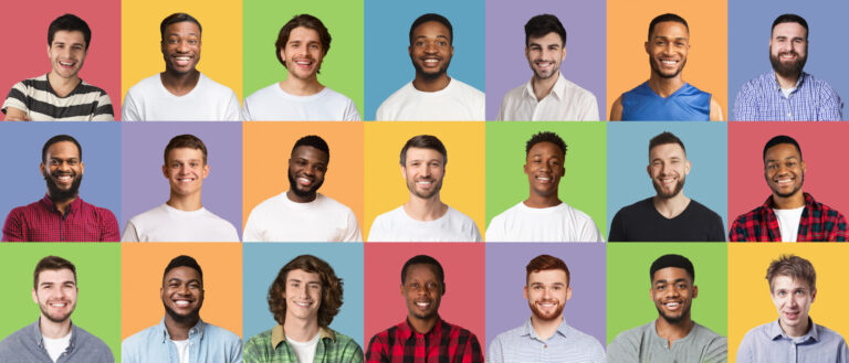 Collection of diverse multiethnic and mixed age range men expressing positive emotions and reactions on colorful background, mosaic set in a row. Variety of portraits, collage image montage