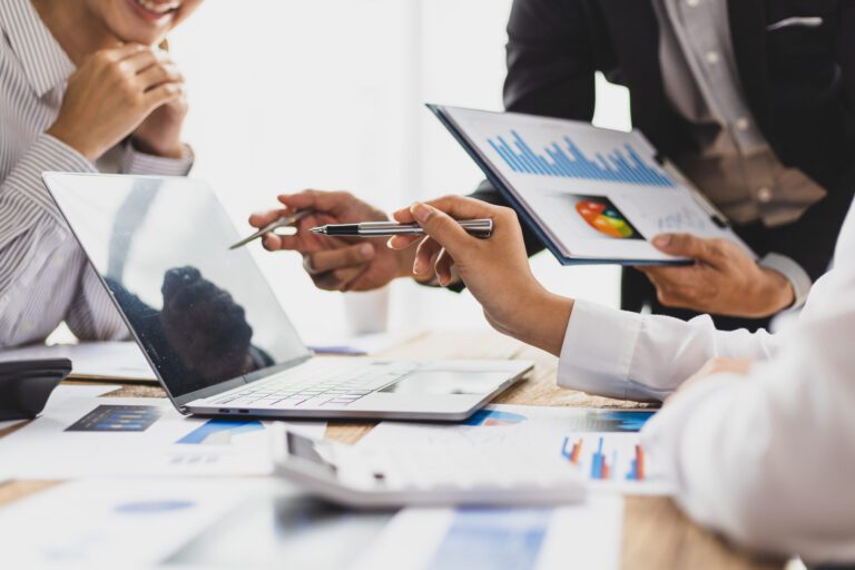 Company corporate meeting, business people brainstorming, discussing planning, working in the organization and analyzing business strategies. Management meeting investment new business projects.